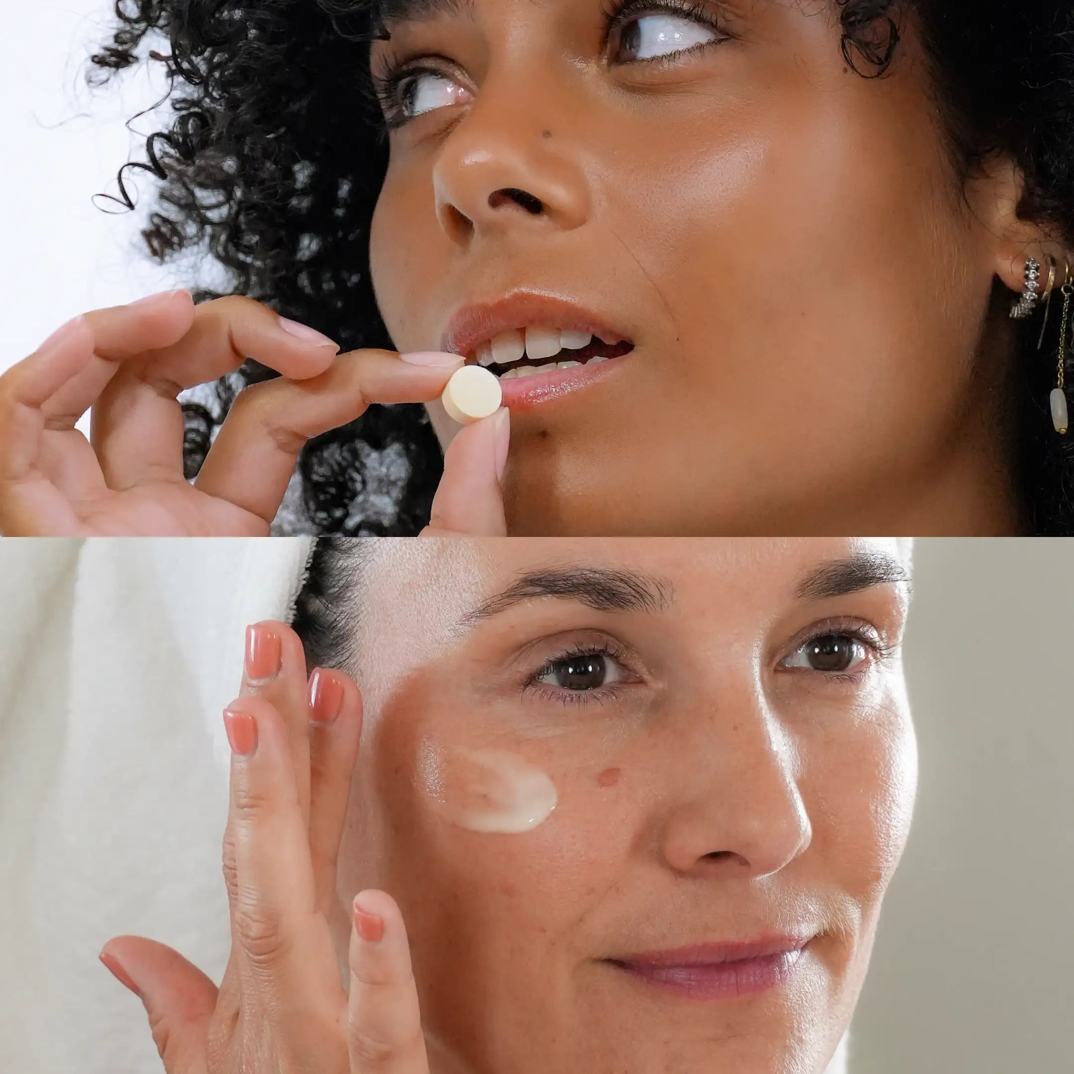 Photo d'une femme qui prend un comprimé à croquer au dessus d'une photo de femme qui s'applique un sérum Image