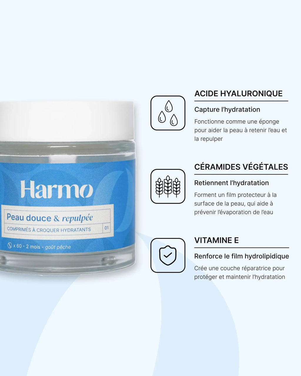 Pot de comprimés Harmo Peau douce et repulpée avec la liste des actifs phares : acide hyaluronique, céramides et vitamine E