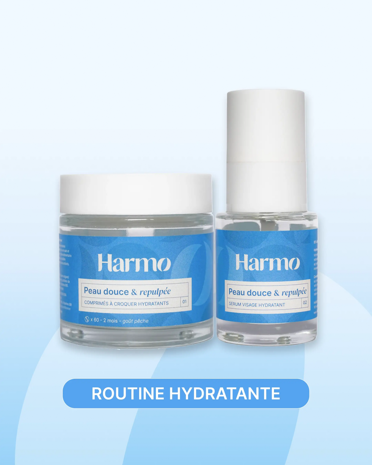 Sérum et pot de comprimés à croquer Harmo Peau douce et repulpée côte à côte , Routine Hydratante