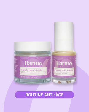 Routine Anti-âge avec un sérum et pot de comprimés à croquer Harmo Peau ferme et rebondie côte à côte sur fond neutre