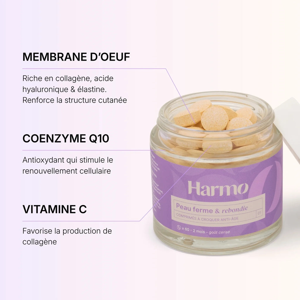 Ingrédients actifs comprimé anti-âge Harmo, membrane d'oeuf coenzyme Q10 et vitamine C
