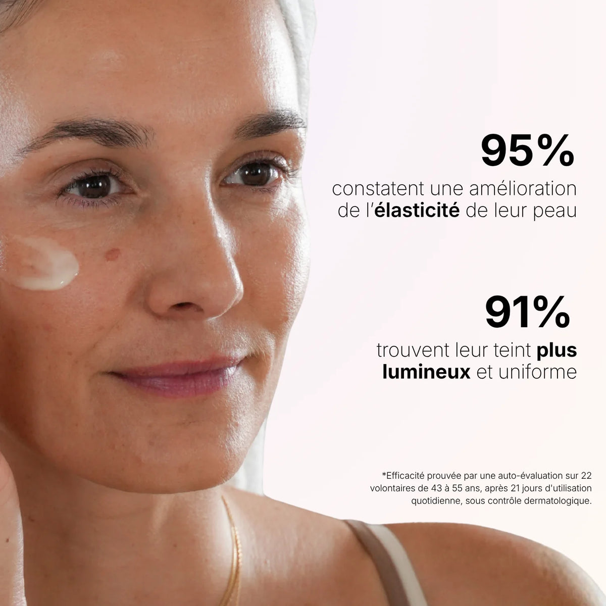 Sérum anti-âge Harmo sur le visage, chiffres résultats clinique élasticité et éclat du teint